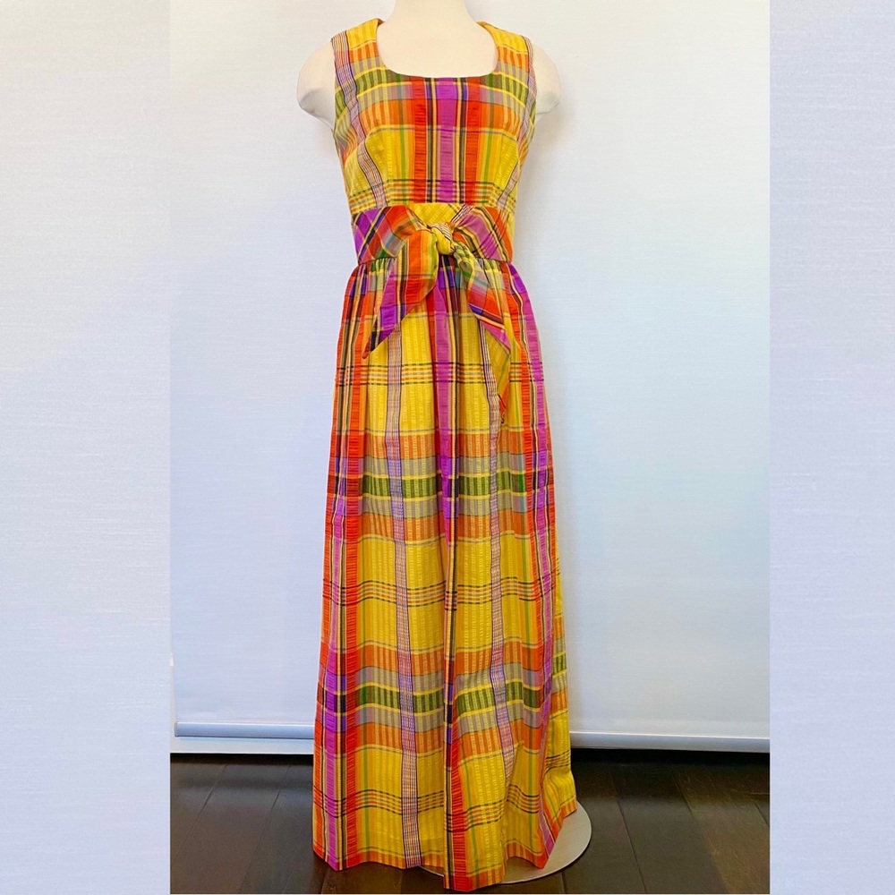 Vintage SWIRL Concept 70s Yellow Orange Madras Plaid Maxi Gown Long Column Dress - Picture 11 of 12